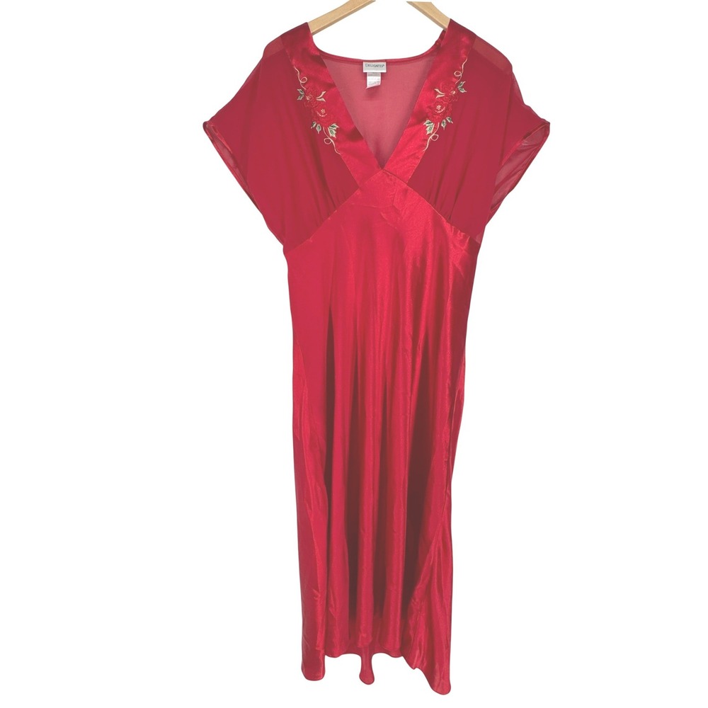 Vintage Satin Sheer Floral Chiffon Embroidered‎ Maxi Dress Red Romantic Large